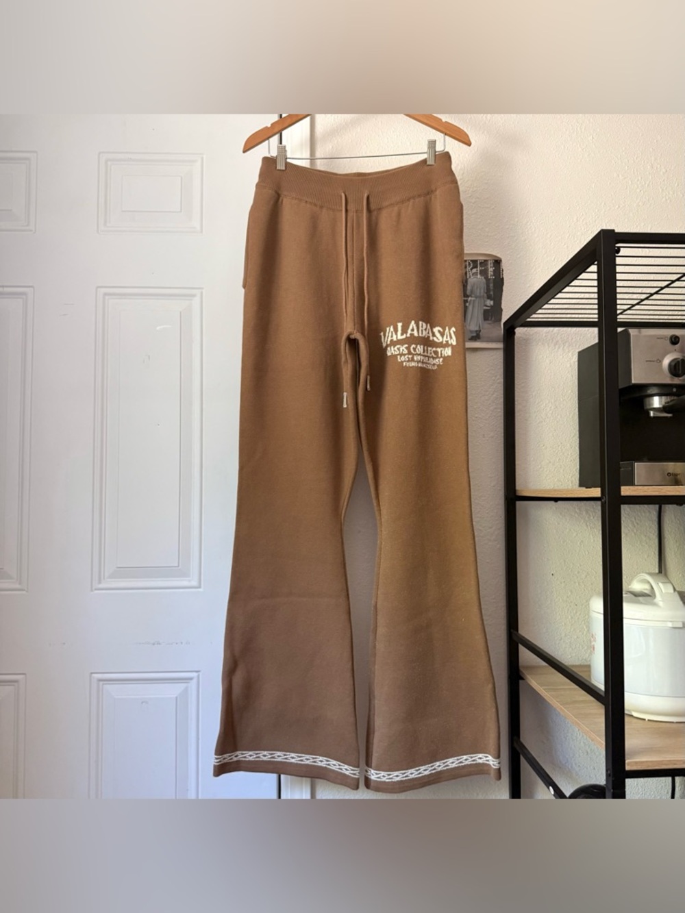 Valabasas Tan chunky knit logo elastic pull‎ on flare long inseam sweat pants